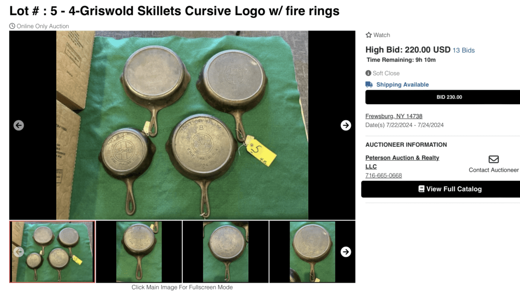 Photo of auction lot of 4 vintage cast iron Griswold pans that is closing in 9 hours showing 13 bids and current price of $220. 